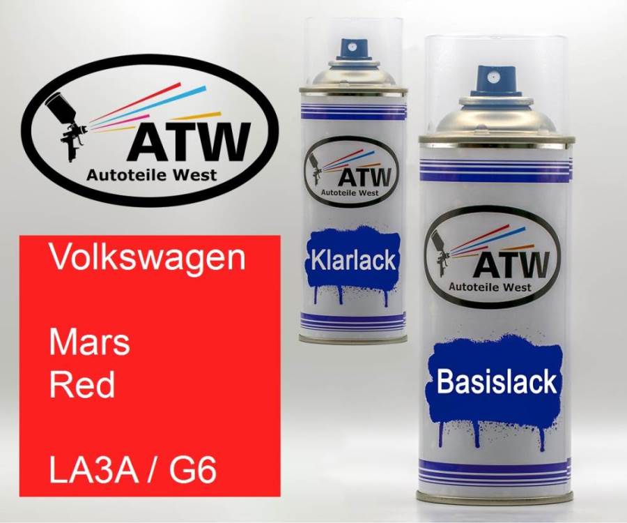 Volkswagen, Mars Red, LA3A / G6: 400ml Sprühdose + 400ml Klarlack - Set, von ATW Autoteile West.